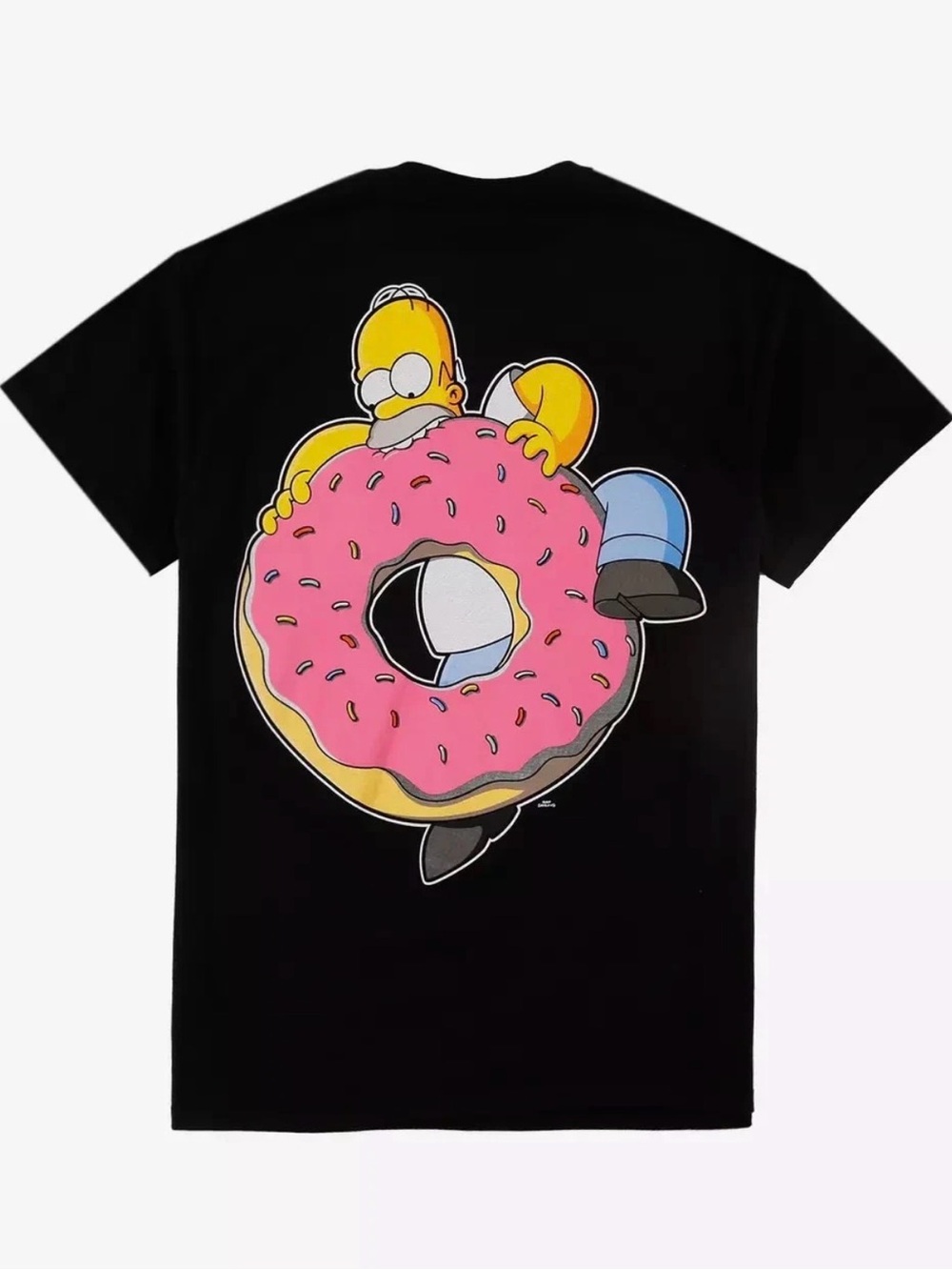 Homer Simpson sprinkle glazed donut t-shirt in pink and yellow.  Black body - M